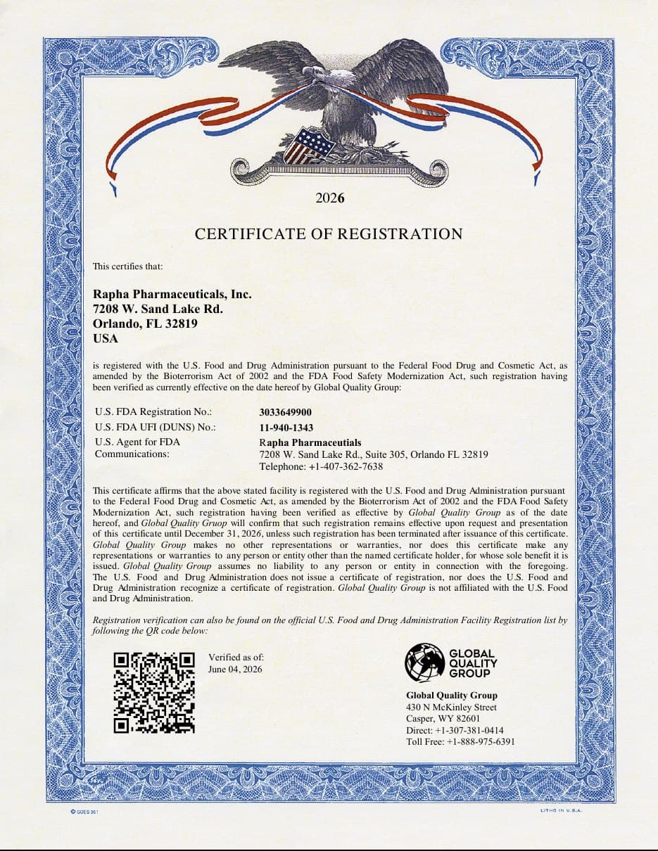 Certificate of Registration 2026 issued to Rapha Pharmaceuticals, Inc., showing U.S. FDA Registration No. 3033649900.
